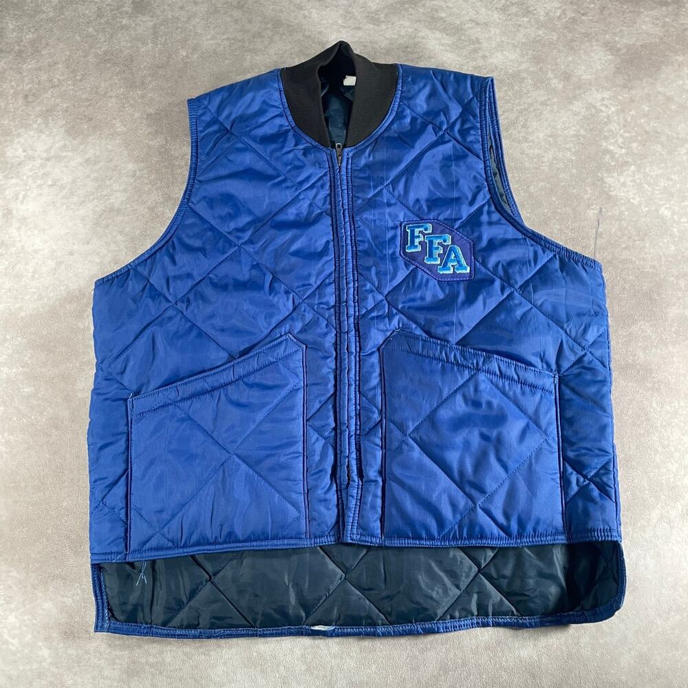 70's True Vintage FFA Quilted Vest Blue Nylon Polyester FFA Patch Size Large